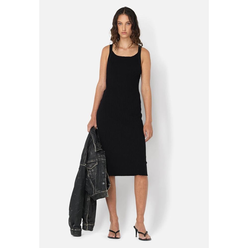 John Elliott Ginza Lola Black Ribbed Knit Open Back Midi Dress Size L NWT‎